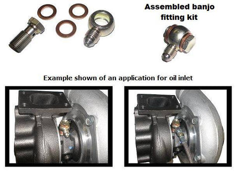 *RESTRICTOR* Banjo style low profile -4 AN oil feed kit, incl. bolt, Garrett GT GTX 25 to 35 G30 G35